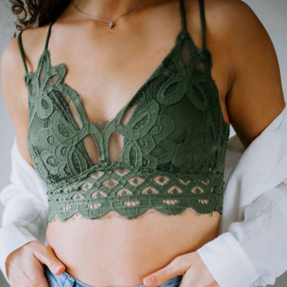 Lace Longline Bralette Forest Green Strappy Back Boho Festival Top Size M - Picture 2 of 4